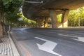 Asphalt roads and city buildings under the overpass, automobile advertising road material.